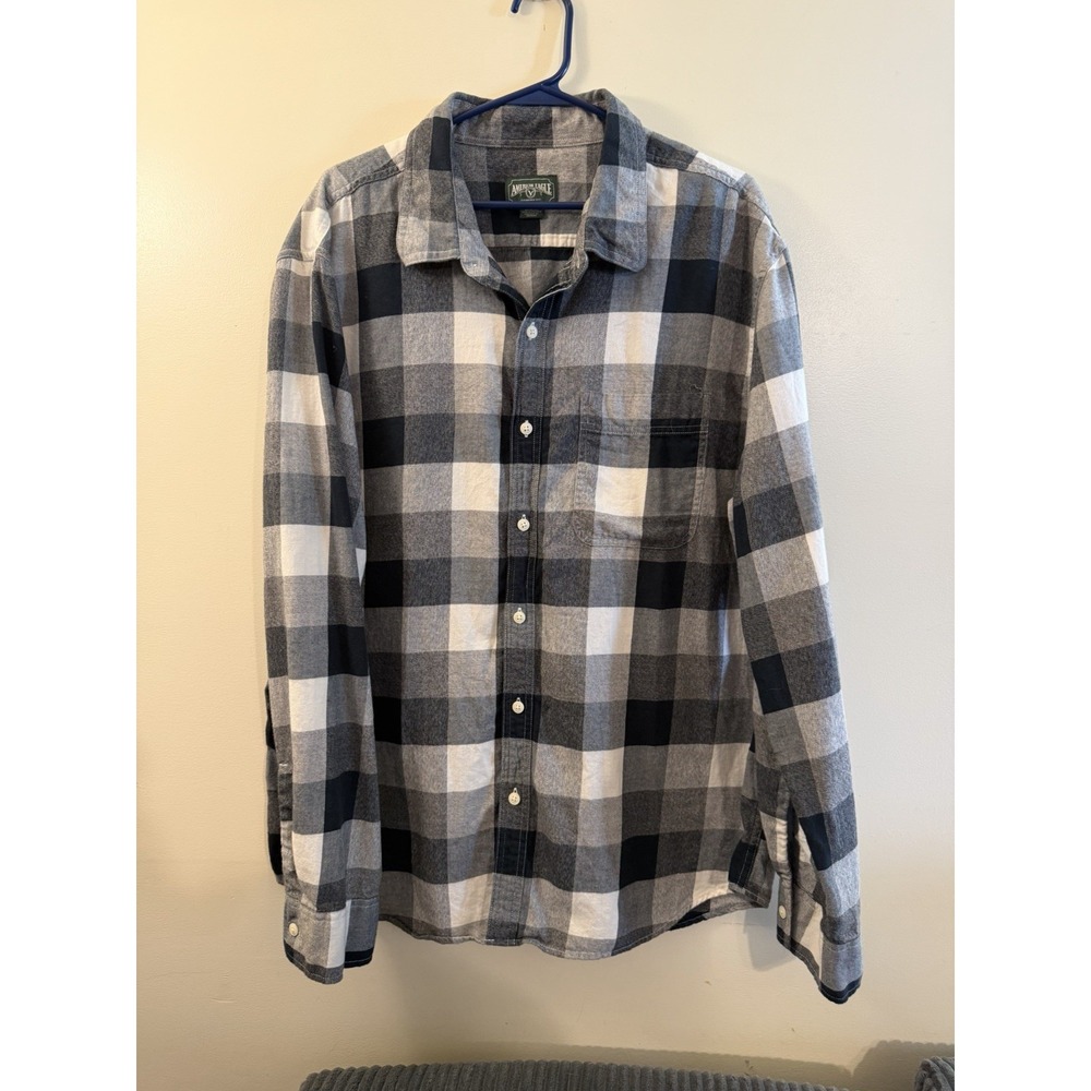 American Eagle Flannel Shirt Men's XL Black Gray Buffalo Plaid Pockets Cotton